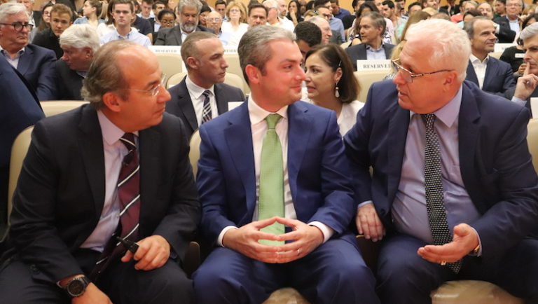From left: President Felipe Calderon, Eugene Frenkel and Lazar Finker at the 2019 Finker-Frenkel World Leadership Forum.