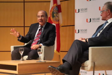 President Calderon and the Dean of the Miami Business School answer audience questions after the president's talk.